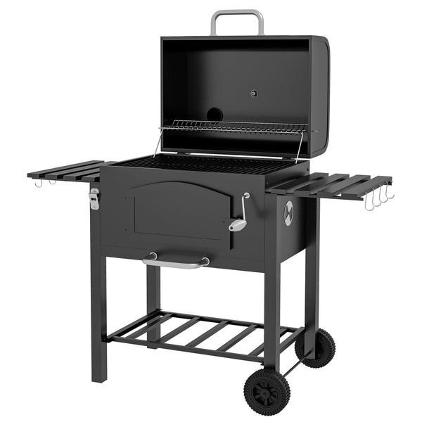 Outsunny Charcoal Grill, BBQ with Adjustable Height, Portable Barbecue with Folding Shelves, Thermometer, Bottle Opener & Wheels for Outdoor Camping, Picnic, Patio, Backyard, Black