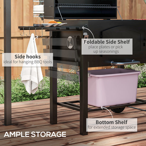 Charcoal Grill BBQ Trolley with Adjustable Charcoal Height, Charcoal Stove for Pot, Garden Smoker Barbecue with Folding Shelves, Thermometer on Lid, Bottle Opener and Wheels