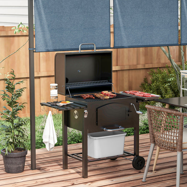 Charcoal Grill BBQ Trolley with Adjustable Charcoal Height, Charcoal Stove for Pot, Garden Smoker Barbecue with Folding Shelves, Thermometer on Lid, Bottle Opener and Wheels
