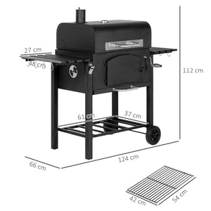 Charcoal Grill BBQ Trolley with Adjustable Charcoal Height, Charcoal Stove for Pot, Garden Smoker Barbecue with Folding Shelves, Thermometer on Lid, Bottle Opener and Wheels
