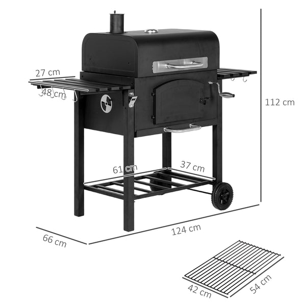 Charcoal Grill BBQ Trolley with Adjustable Charcoal Height, Charcoal Stove for Pot, Garden Smoker Barbecue with Folding Shelves, Thermometer on Lid, Bottle Opener and Wheels