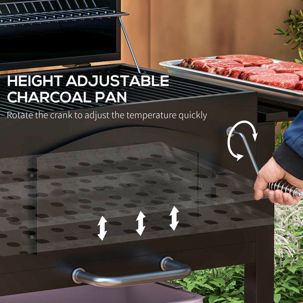 Charcoal Grill BBQ Trolley with Adjustable Charcoal Height, Charcoal Stove for Pot, Garden Smoker Barbecue with Folding Shelves, Thermometer on Lid, Bottle Opener and Wheels