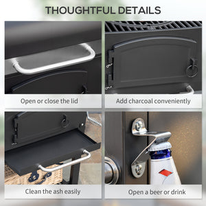 Charcoal Grill BBQ Trolley with Adjustable Charcoal Height, Charcoal Stove for Pot, Garden Smoker Barbecue with Folding Shelves, Thermometer on Lid, Bottle Opener and Wheels