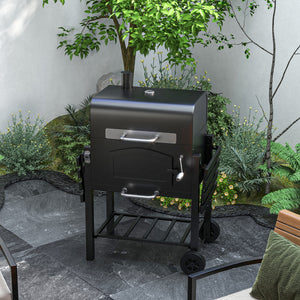 Charcoal Grill BBQ Trolley with Adjustable Charcoal Height, Charcoal Stove for Pot, Garden Smoker Barbecue with Folding Shelves, Thermometer on Lid, Bottle Opener and Wheels