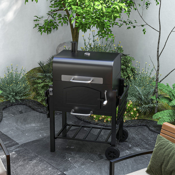 Charcoal Grill BBQ Trolley with Adjustable Charcoal Height, Charcoal Stove for Pot, Garden Smoker Barbecue with Folding Shelves, Thermometer on Lid, Bottle Opener and Wheels