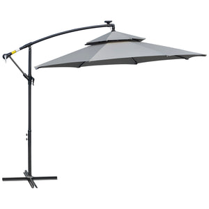 10FT Solar Powered Patio Umbrella, Round Offset Cantilever Umbrella with Crank and Cross Base for Outdoor, Pool and Garden, Hanging Umbrella with LED Lights, Light Grey