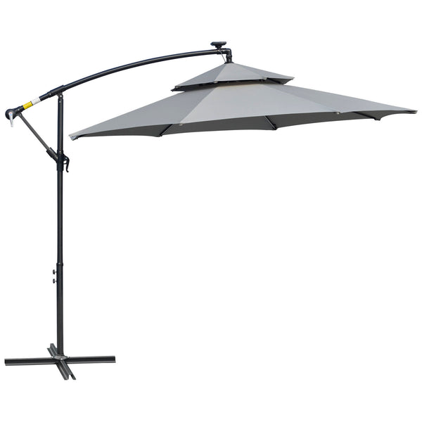 10FT Solar Powered Patio Umbrella, Round Offset Cantilever Umbrella with Crank and Cross Base for Outdoor, Pool and Garden, Hanging Umbrella with LED Lights, Light Grey