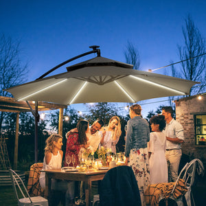 10FT Solar Powered Patio Umbrella, Round Offset Cantilever Umbrella with Crank and Cross Base for Outdoor, Pool and Garden, Hanging Umbrella with LED Lights, Light Grey