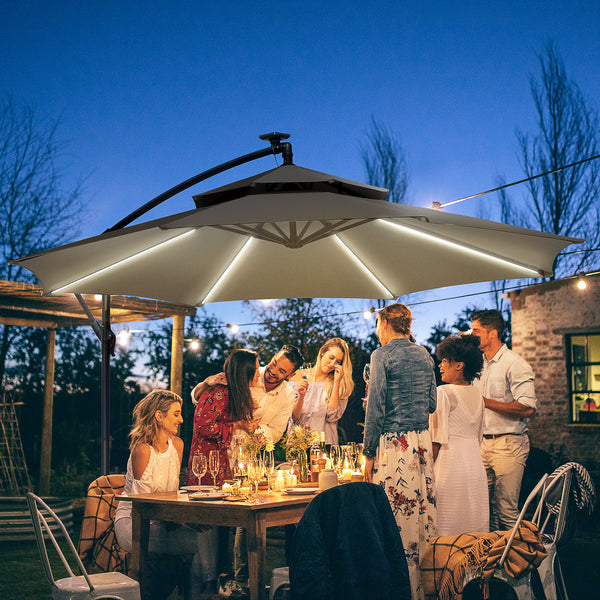 10FT Solar Powered Patio Umbrella, Round Offset Cantilever Umbrella with Crank and Cross Base for Outdoor, Pool and Garden, Hanging Umbrella with LED Lights, Light Grey