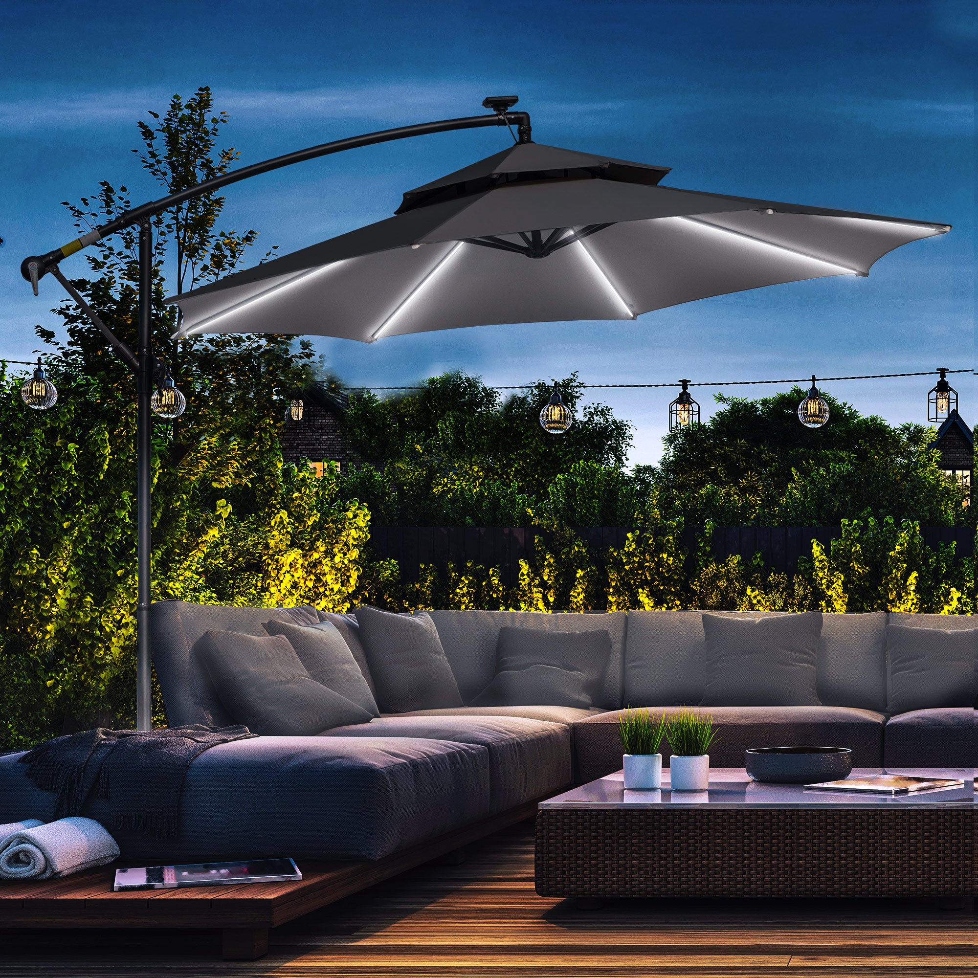 banana parasol patio umbrella Outsunny 3m Cantilever Banana Parasol w/ LED Solar lights, Double Roof & Cross Base, Light Grey