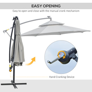 10FT Solar Powered Patio Umbrella, Round Offset Cantilever Umbrella with Crank and Cross Base for Outdoor, Pool and Garden, Hanging Umbrella with LED Lights, Light Grey
