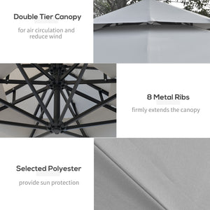 10FT Solar Powered Patio Umbrella, Round Offset Cantilever Umbrella with Crank and Cross Base for Outdoor, Pool and Garden, Hanging Umbrella with LED Lights, Light Grey