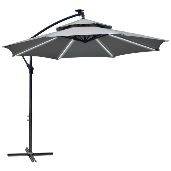 10FT Solar Powered Patio Umbrella, Round Offset Cantilever Umbrella with Crank and Cross Base for Outdoor, Pool and Garden, Hanging Umbrella with LED Lights, Light Grey