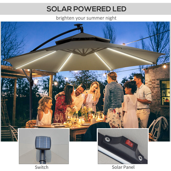 10FT Solar Powered Patio Umbrella, Round Offset Cantilever Umbrella with Crank and Cross Base for Outdoor, Pool and Garden, Hanging Umbrella with LED Lights, Light Grey
