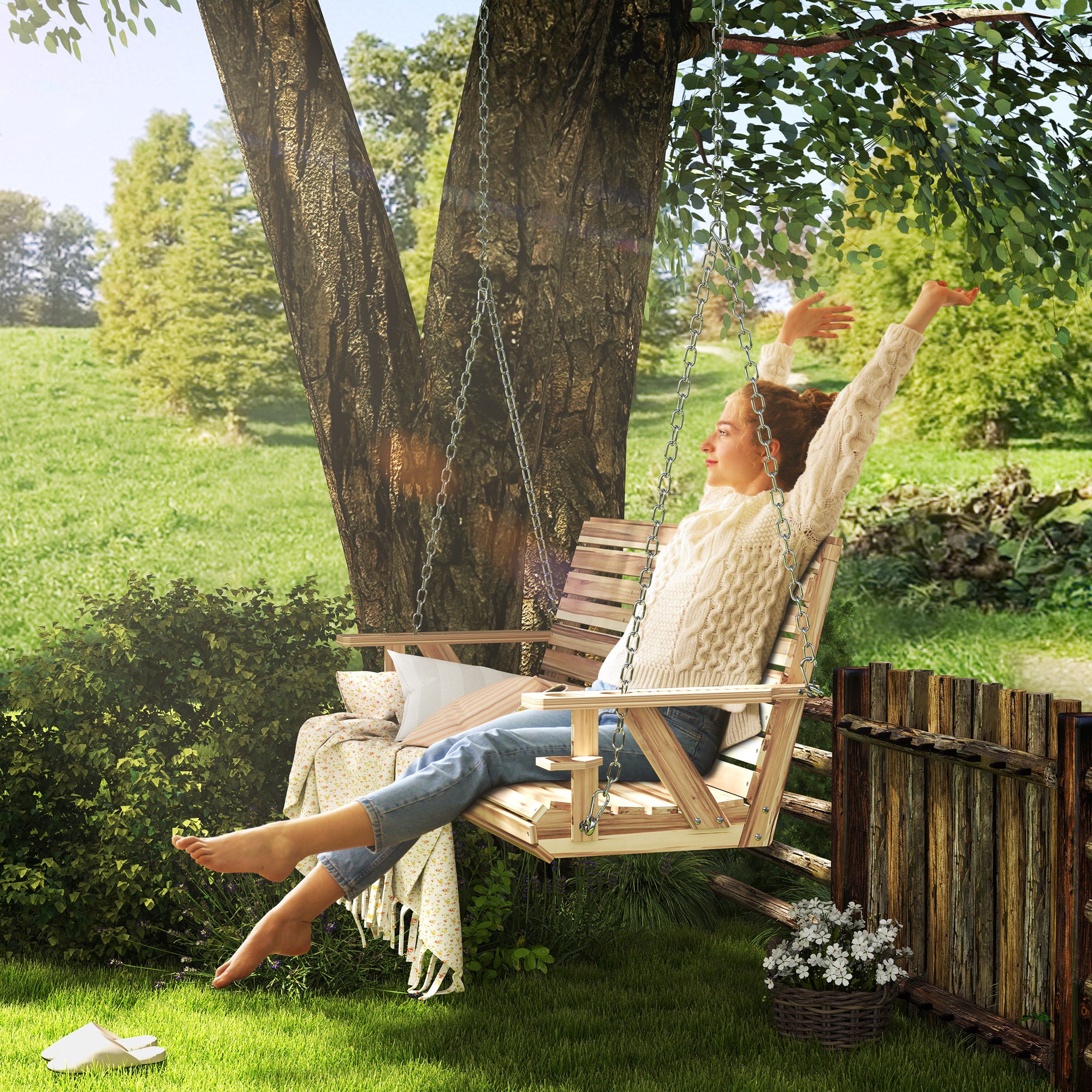 Outsunny 3-Seater Swing Bench with Cupholders, Hanging Chains for