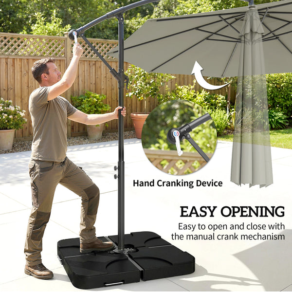 3 m Cantilever Parasol with Umbrella Weights, Cross Base, Offset Outdoor Umbrella with Protective Cover, Crank Handle, Hanging Sun Shade, Light Grey