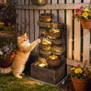 28" Outdoor Fountain with 5-Tier Rustic Jugs and Rock, Cascading Waterfall with LED Lights, Adjustable Flow, Resin Freestanding Garden Fountain for Garden Patio, Rustic Brown