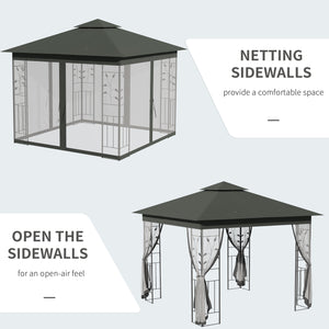 3(m) x 3(m) Garden Gazebo, Double Roof Outdoor Gazebo Canopy Shelter with Netting, Solid Steel Frame, for Garden, Lawn and Deck, Grey