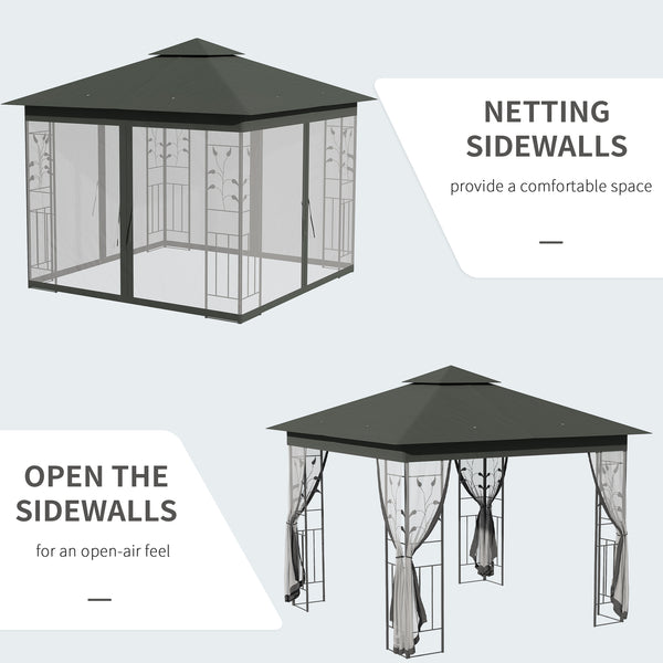 3(m) x 3(m) Garden Gazebo, Double Roof Outdoor Gazebo Canopy Shelter with Netting, Solid Steel Frame, for Garden, Lawn and Deck, Grey