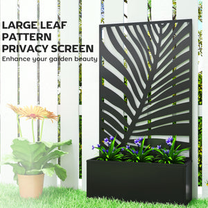 Metal Raised Garden Bed with Trellis for Climbing Plants, Freestanding or Wall Mounted Flower Bed with Privacy Panel, Large Leaf Cut-Out Outdoor Planter Box for Garden, Patio, Balcony