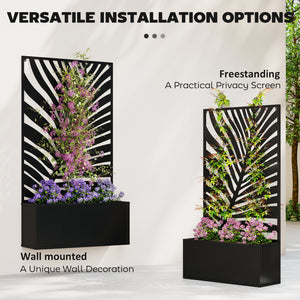 Metal Raised Garden Bed with Trellis for Climbing Plants, Freestanding or Wall Mounted Flower Bed with Privacy Panel, Large Leaf Cut-Out Outdoor Planter Box for Garden, Patio, Balcony