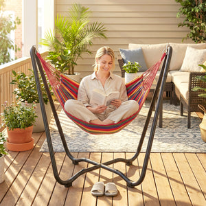 Patio Hammock with Stand, Fabric Outdoor Hammock Bed with Stand, Free Standing Lounge Chair for Beach, Yard, Bedroom, Patio, Porch, Indoor, Outdoor, Muti-Colored