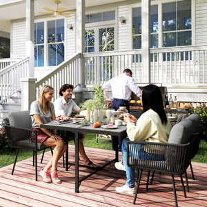 5 Piece Rattan Garden Furniture Set, Garden Dining Set with Wood-Plastic Table and 4 Stackable Chairs, Rattan Table and Chairs with 4 Cushions for Patio, Terrace, Light Grey