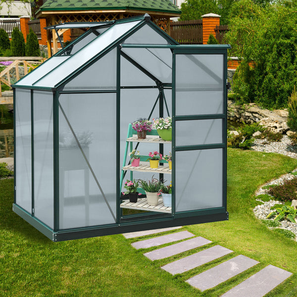 Outsunny 6' x 4' Greenhouse for Outdoors, Polycarbonate Greenhouse with Rain Gutter and Roof Vent, Aluminum Walk-in Green Houses for Outside for Patio Backyard Garden, Dark Green