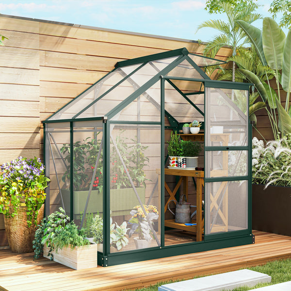 Outsunny 6' x 4' Greenhouse for Outdoors, Polycarbonate Greenhouse with Rain Gutter and Roof Vent, Aluminum Walk-in Green Houses for Outside for Patio Backyard Garden, Dark Green