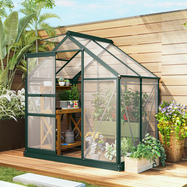 6 x 4ft Walk-in Polycarbonate Greenhouse w/ Aluminium Frame, Slide Door & Window, Dark Green