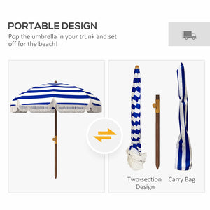 Outsunny 6.2' Portable Beach Umbrella, UV 40+ Ruffled Outdoor Umbrella with Vented Canopy, Carry Bag, Blue Stripe