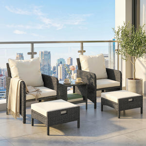 5 Piece Patio Furniture Set, Wicker Balcony Furniture with 23.6" Wide Deep Seat, 2 Ottomans, Glass Coffee Table, Cushions, Rattan Outdoor Conversation Patio Set for Garden Porch, Beige