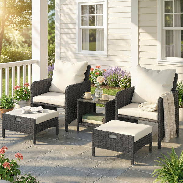 5 Piece Patio Furniture Set, Wicker Balcony Furniture with 23.6" Wide Deep Seat, 2 Ottomans, Glass Coffee Table, Cushions, Rattan Outdoor Conversation Patio Set for Garden Porch, Beige