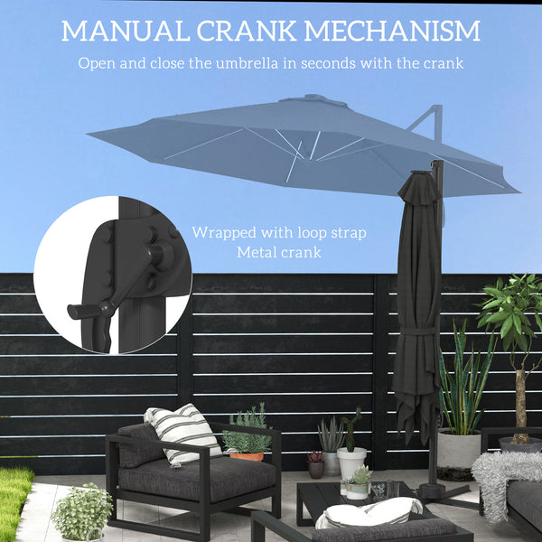 3(m) Cantilever Roma Parasol Adjustable Garden Sun Umbrella with LED Solar Light, Aluminium Frame, Tilt & Crank, UV50+, Cross Base Rotating Outdoor- Dark Grey