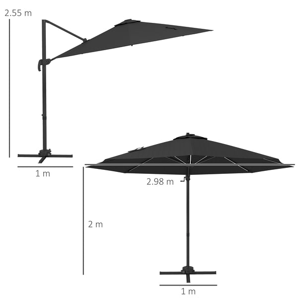 3(m) Cantilever Roma Parasol Adjustable Garden Sun Umbrella with LED Solar Light, Aluminium Frame, Tilt & Crank, UV50+, Cross Base Rotating Outdoor- Dark Grey
