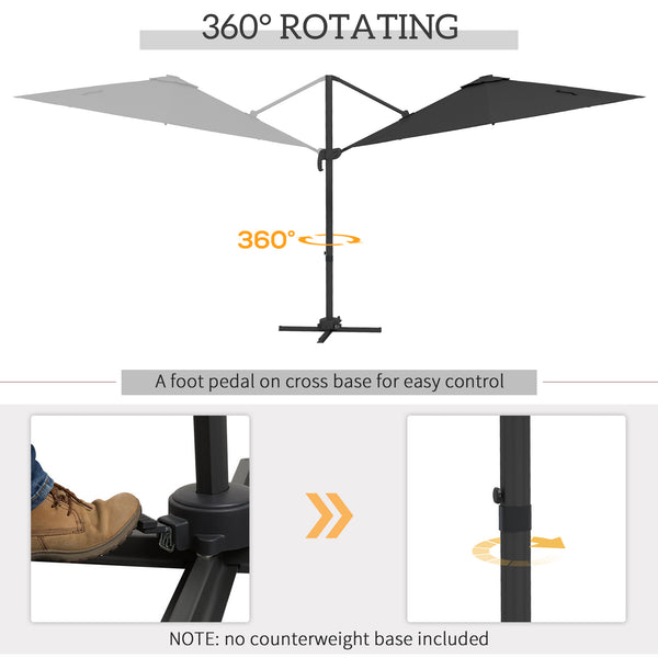 3(m) Cantilever Roma Parasol Adjustable Garden Sun Umbrella with LED Solar Light, Aluminium Frame, Tilt & Crank, UV50+, Cross Base Rotating Outdoor- Dark Grey