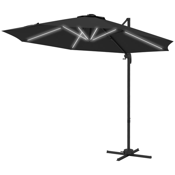 3(m) Cantilever Roma Parasol Adjustable Garden Sun Umbrella with LED Solar Light, Aluminium Frame, Tilt & Crank, UV50+, Cross Base Rotating Outdoor- Dark Grey