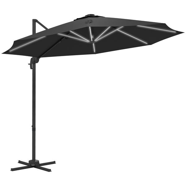 3(m) Cantilever Roma Parasol Adjustable Garden Sun Umbrella with LED Solar Light, Aluminium Frame, Tilt & Crank, UV50+, Cross Base Rotating Outdoor- Dark Grey