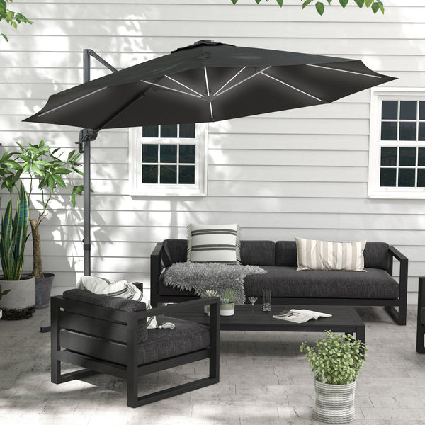 3(m) Cantilever Roma Parasol Adjustable Garden Sun Umbrella with LED Solar Light, Aluminium Frame, Tilt & Crank, UV50+, Cross Base Rotating Outdoor- Dark Grey