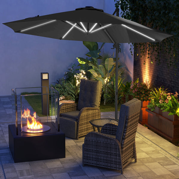 3(m) Cantilever Roma Parasol Adjustable Garden Sun Umbrella with LED Solar Light, Aluminium Frame, Tilt & Crank, UV50+, Cross Base Rotating Outdoor- Dark Grey