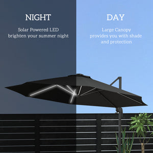 3(m) Cantilever Roma Parasol Adjustable Garden Sun Umbrella with LED Solar Light, Aluminium Frame, Tilt & Crank, UV50+, Cross Base Rotating Outdoor- Dark Grey