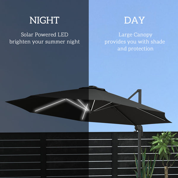 3(m) Cantilever Roma Parasol Adjustable Garden Sun Umbrella with LED Solar Light, Aluminium Frame, Tilt & Crank, UV50+, Cross Base Rotating Outdoor- Dark Grey