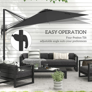 3(m) Cantilever Roma Parasol Adjustable Garden Sun Umbrella with LED Solar Light, Aluminium Frame, Tilt & Crank, UV50+, Cross Base Rotating Outdoor- Dark Grey