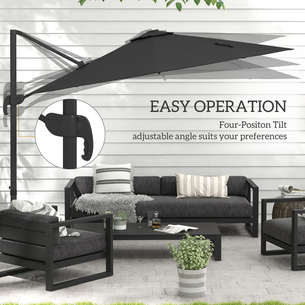 3(m) Cantilever Roma Parasol Adjustable Garden Sun Umbrella with LED Solar Light, Aluminium Frame, Tilt & Crank, UV50+, Cross Base Rotating Outdoor- Dark Grey