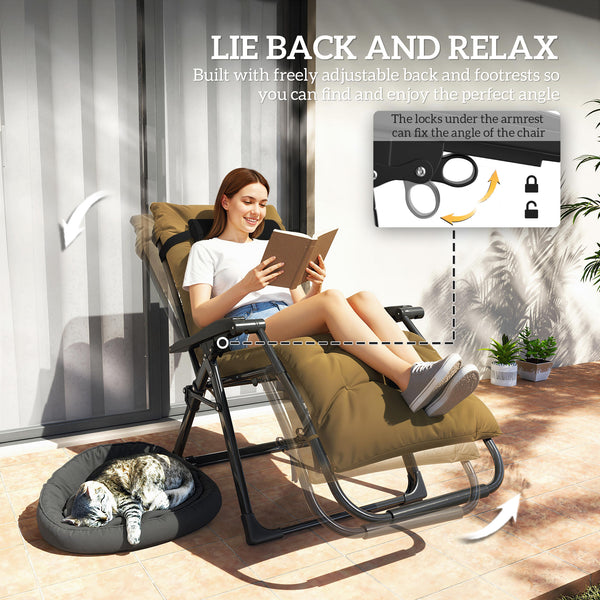 Reclining Zero Gravity Chair with Adjustable Backrest, Folding Garden Sun Lounger, Outdoor Recliner with Removable Cushion and Headrest, 2 Pieces, Khaki
