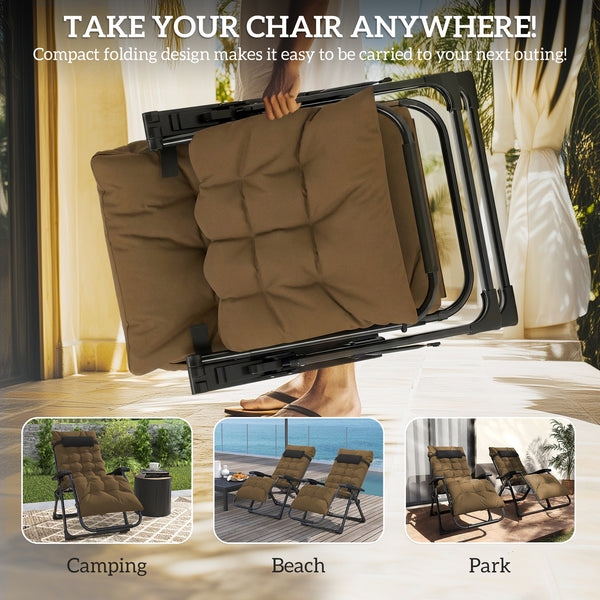 Reclining Zero Gravity Chair with Adjustable Backrest, Folding Garden Sun Lounger, Outdoor Recliner with Removable Cushion and Headrest, 2 Pieces, Khaki