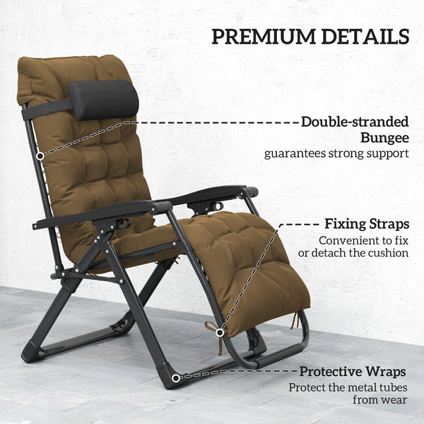 Reclining Zero Gravity Chair with Adjustable Backrest, Folding Garden Sun Lounger, Outdoor Recliner with Removable Cushion and Headrest, 2 Pieces, Khaki