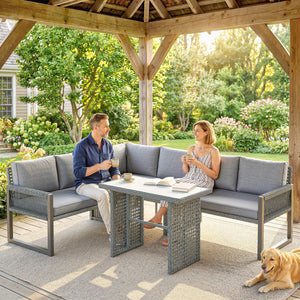 6 Seater Rattan Garden Furniture Set with 3 Loveseats, Glass-Top Table, 4 Piece Outdoor Dining Patio Rattan Furniture Corner Sofa Set with Cushions for Conservatory, Grey