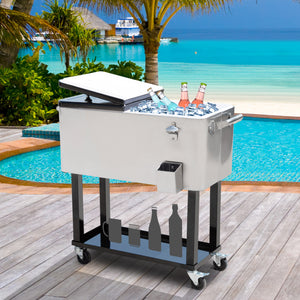 Outsunny 80 QT Rolling Cooling Bins Ice Chest on Wheels Outdoor Stand Up Drink Cooler Cart for Party, Silver