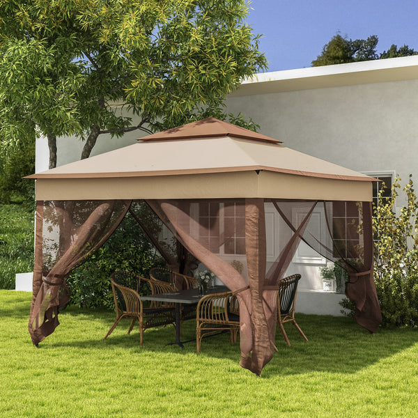 Outsunny 11' x 11' Pop Up Canopy, Outdoor Patio Gazebo Shelter with Removable Zipper Netting, Instant Event Tent w/ 114 Square Feet of Shade and Carry Bag for Backyard, Garden, Khaki